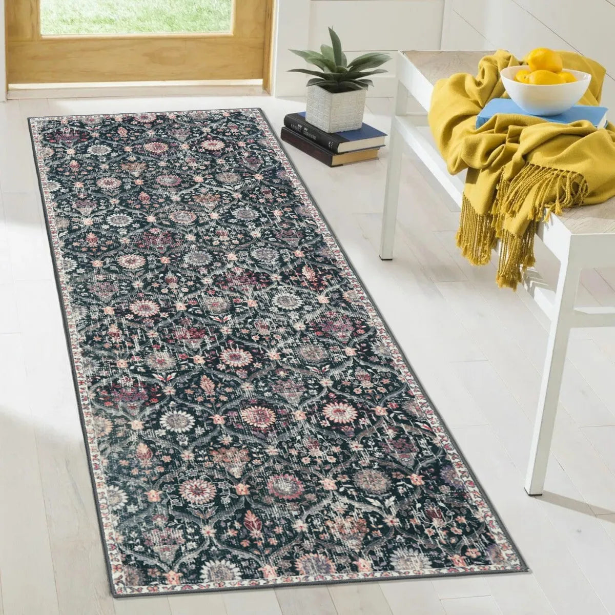 Elise Ultra-thin Transitional Vintage Floral Moroccan Trellis Black Rug