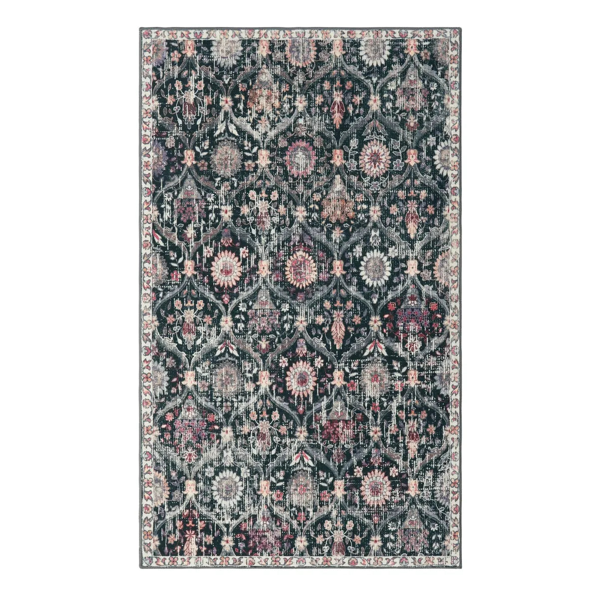 Elise Ultra-thin Transitional Vintage Floral Moroccan Trellis Black Rug