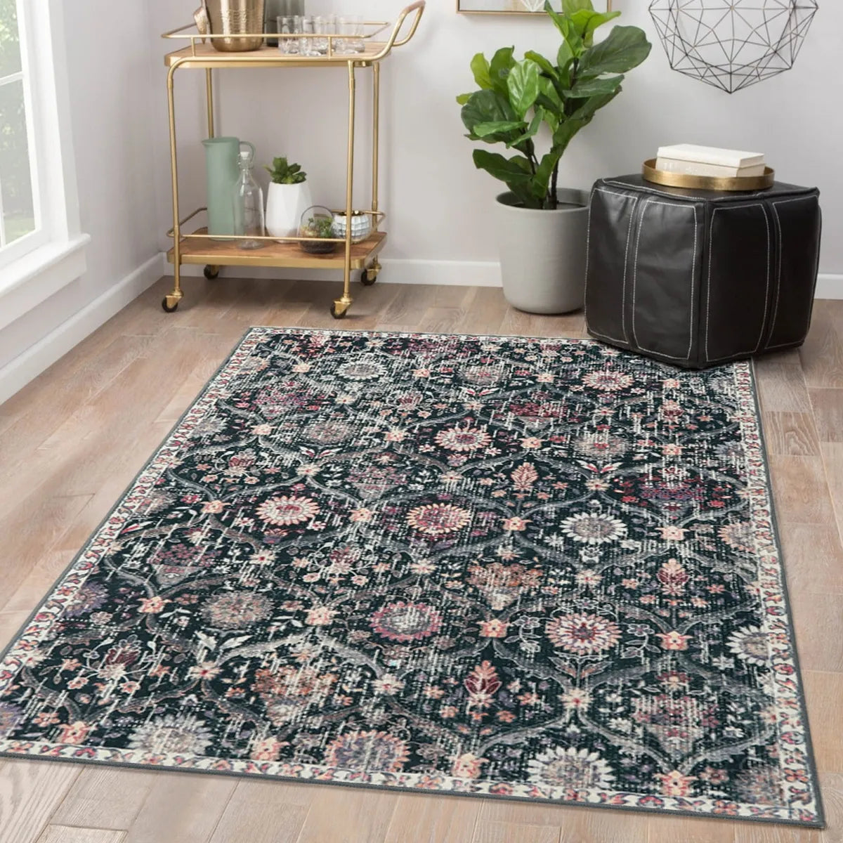 Elise Washable Ultra-thin Vintage Floral Moroccan Trellis Black Rug Area Rugs Lahome