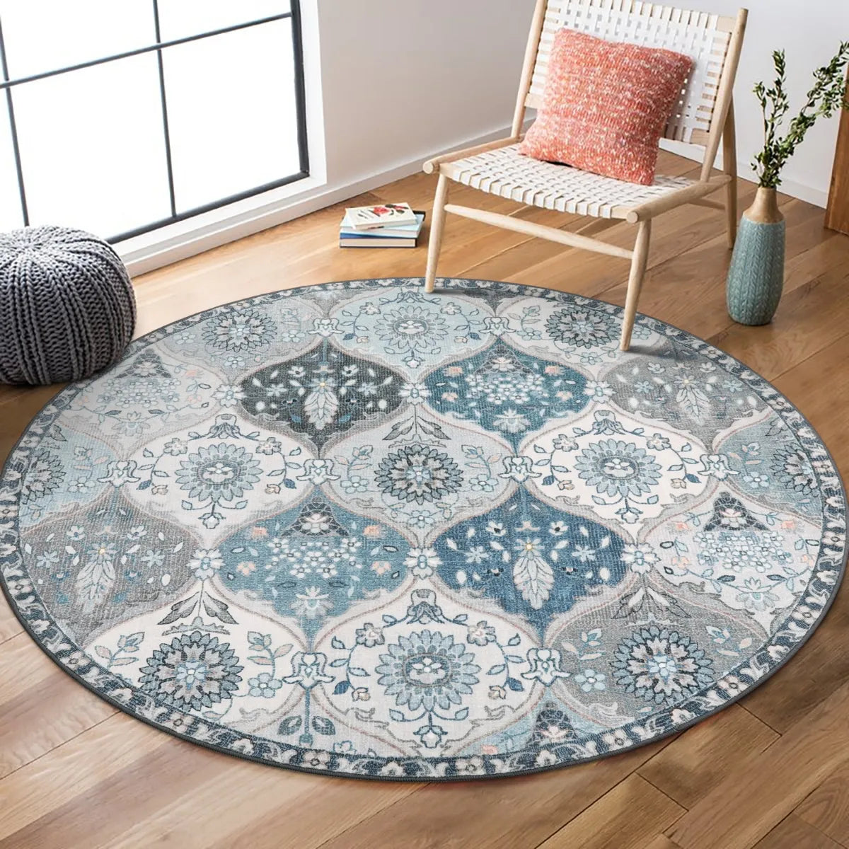 Elise Washable Ultra-thin Transitional Vintage Floral Moroccan Trellis Blue Rug Area Rugs Lahome 3' Round