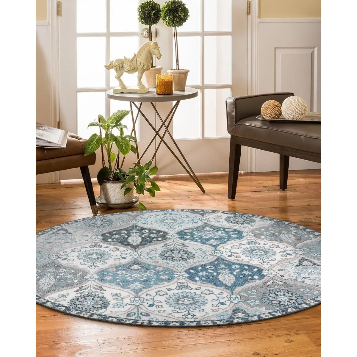 Elise Washable Ultra-thin Transitional Vintage Floral Moroccan Trellis Blue Rug Area Rugs Lahome 4' Round
