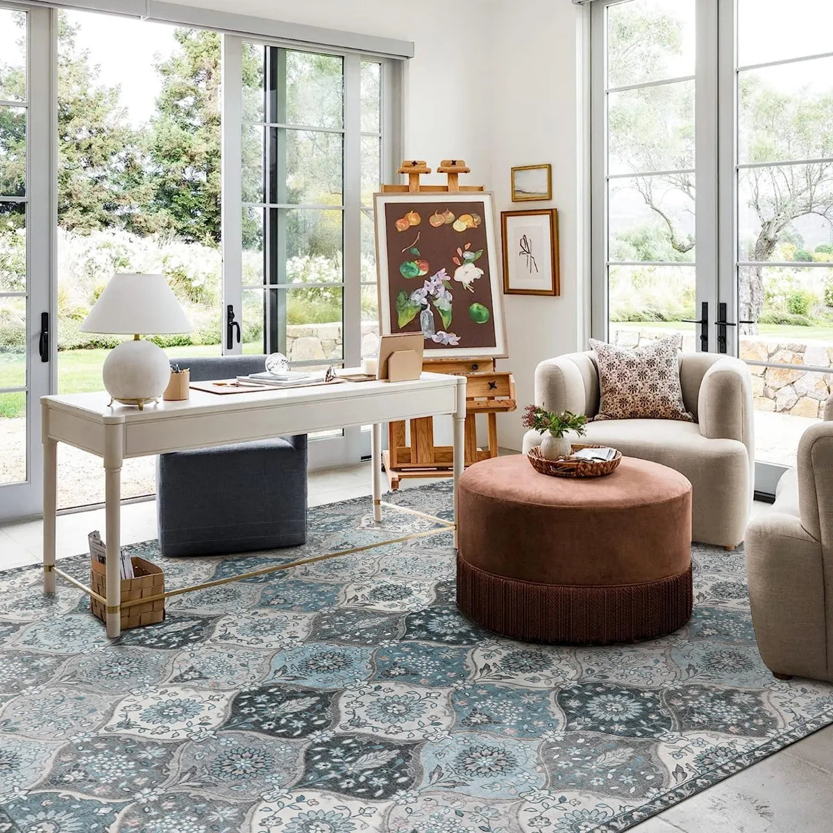 Elise Washable Ultra-thin Vintage Floral Moroccan Trellis Blue Rug Area Rugs Lahome