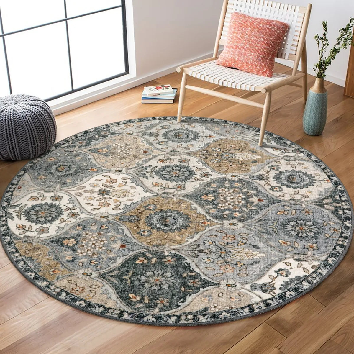 Elise Washable Ultra-thin Transitional Vintage Floral Moroccan Trellis Grey Rug Area Rugs Lahome 3' Round
