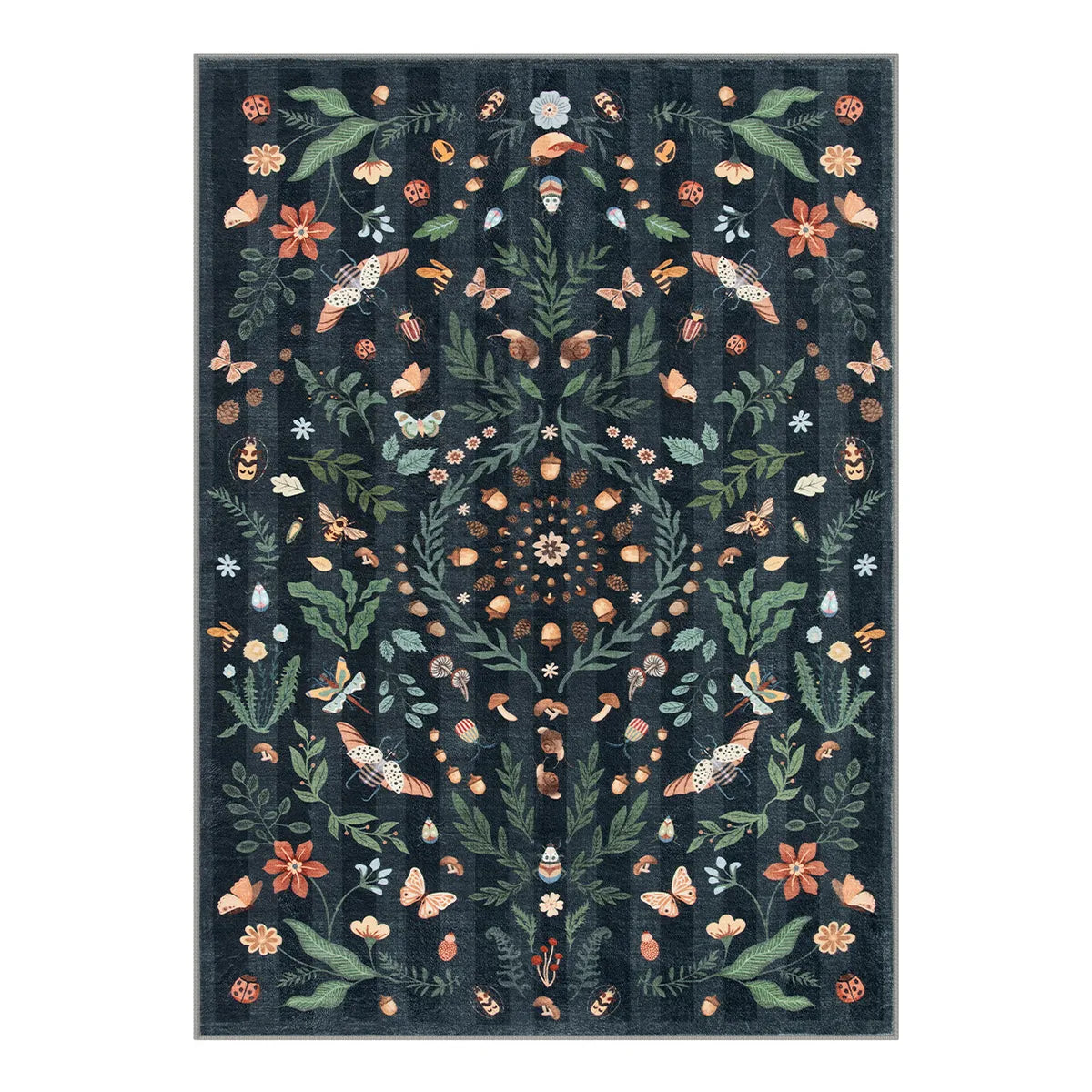 Chloe Washable Boho Insect Botanical Floral Black Rug Area Rugs Lahome