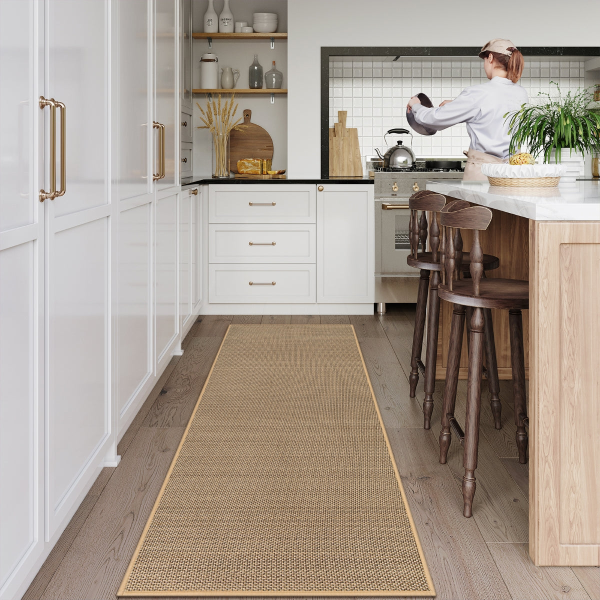 Noe Washable Farmhouse Kitchen Beige/Khaki 2x6 Chenille Runner Area Rugs Lahome 2' x 6'