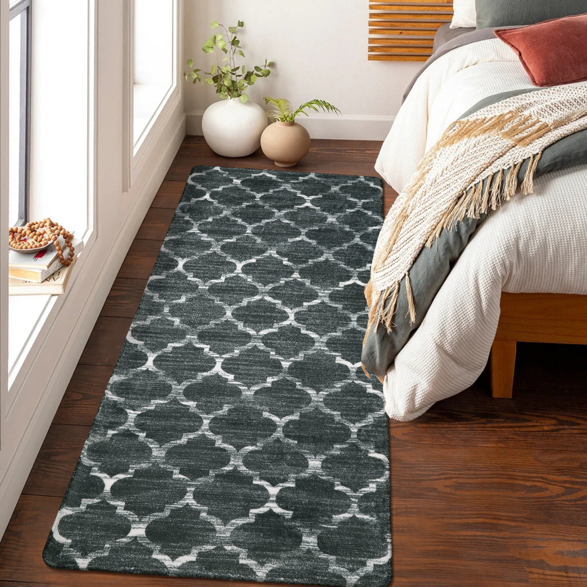 Clearance Meline Washable Classic Moroccan Trellis Dark Grey Rug Clearance Rugs Lahome 2' x 6'