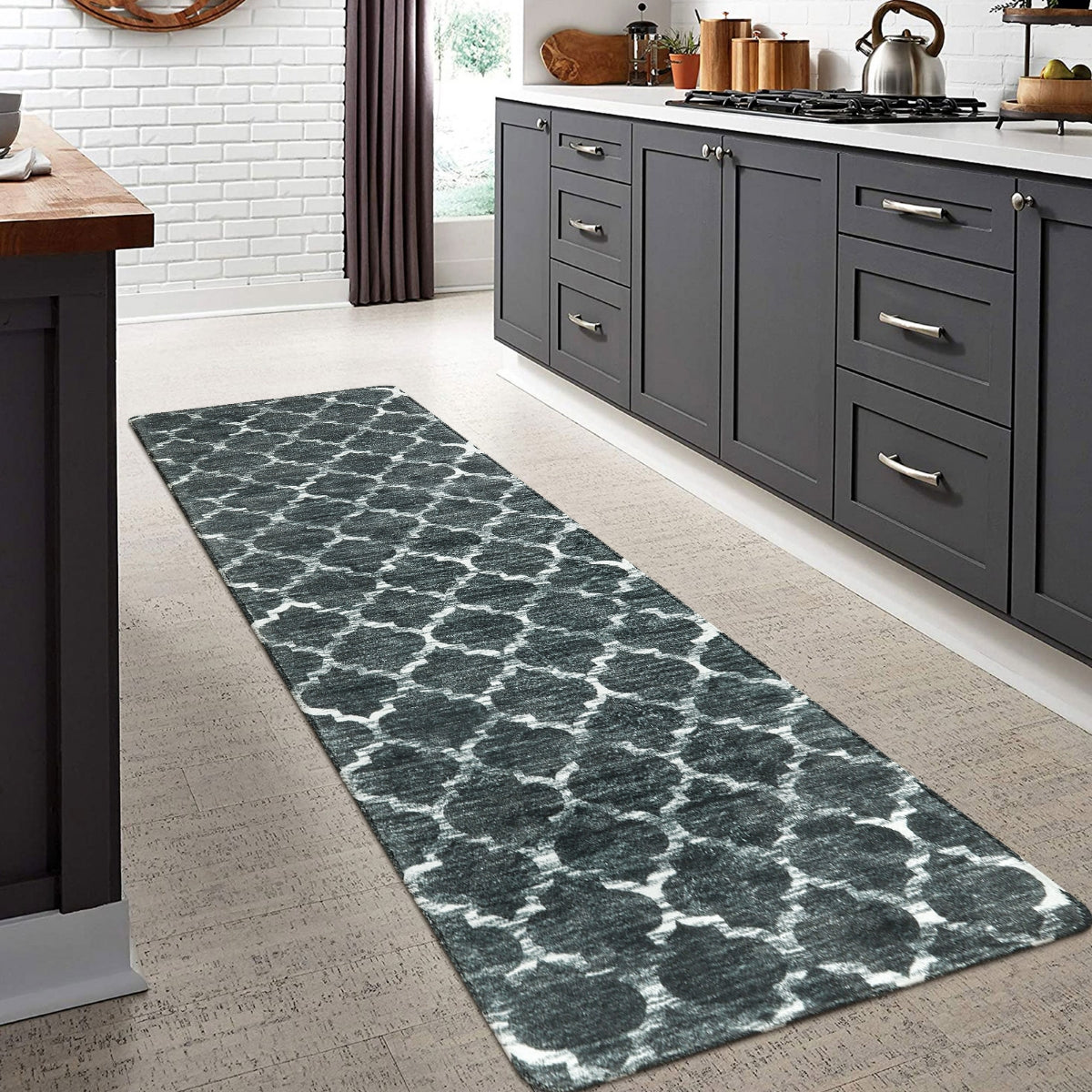 Clearance Meline Washable Classic Moroccan Trellis Dark Grey Rug Clearance Rugs Lahome 2' x 7'