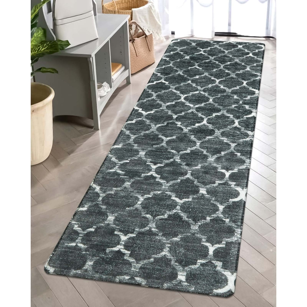 Clearance Meline Washable Classic Moroccan Trellis Dark Grey Rug Clearance Rugs Lahome