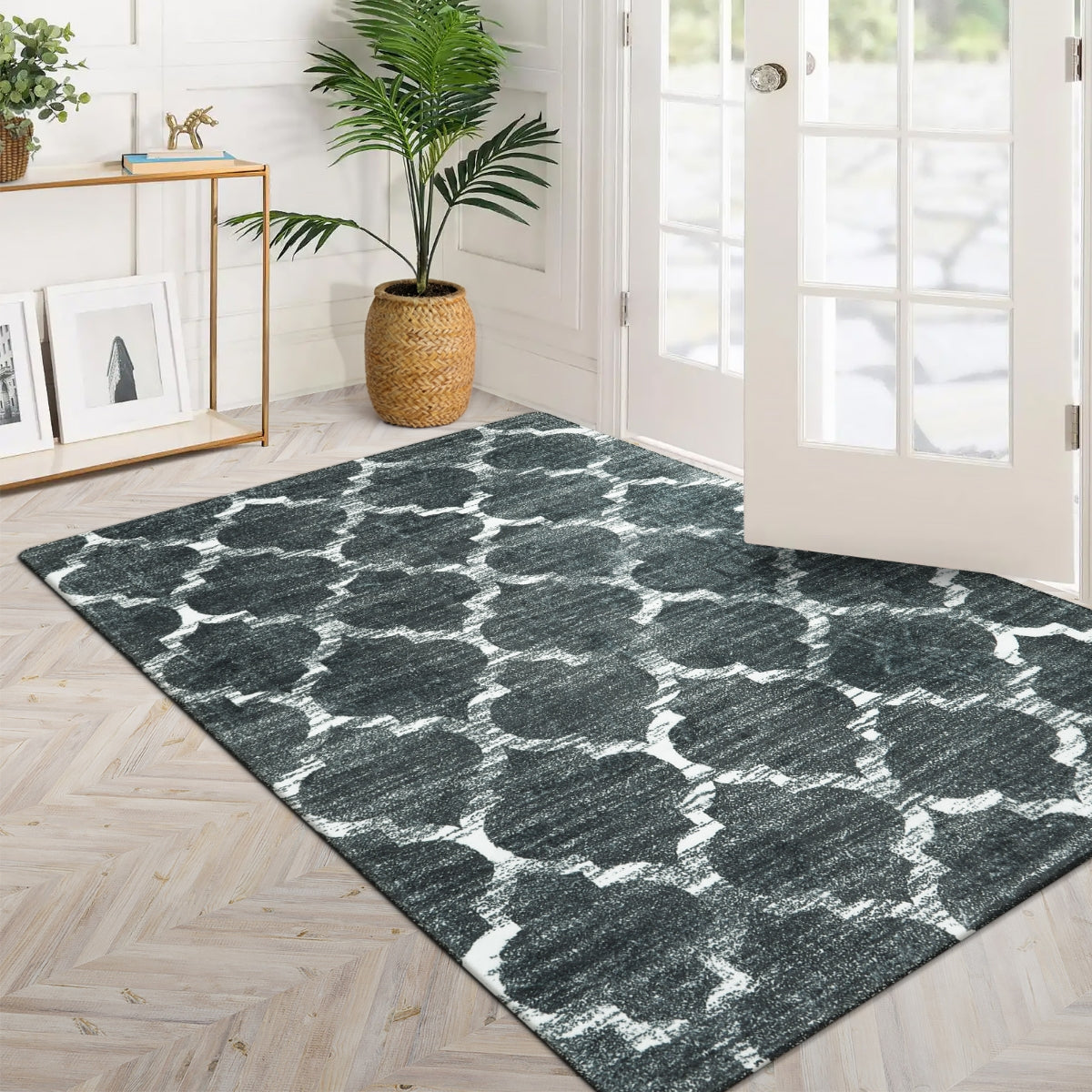 Clearance Meline Washable Classic Moroccan Trellis Dark Grey Rug Clearance Rugs Lahome 4' x 6'