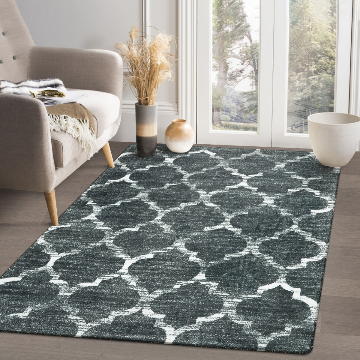 Clearance Meline Washable Classic Moroccan Trellis Dark Grey Rug Clearance Rugs Lahome