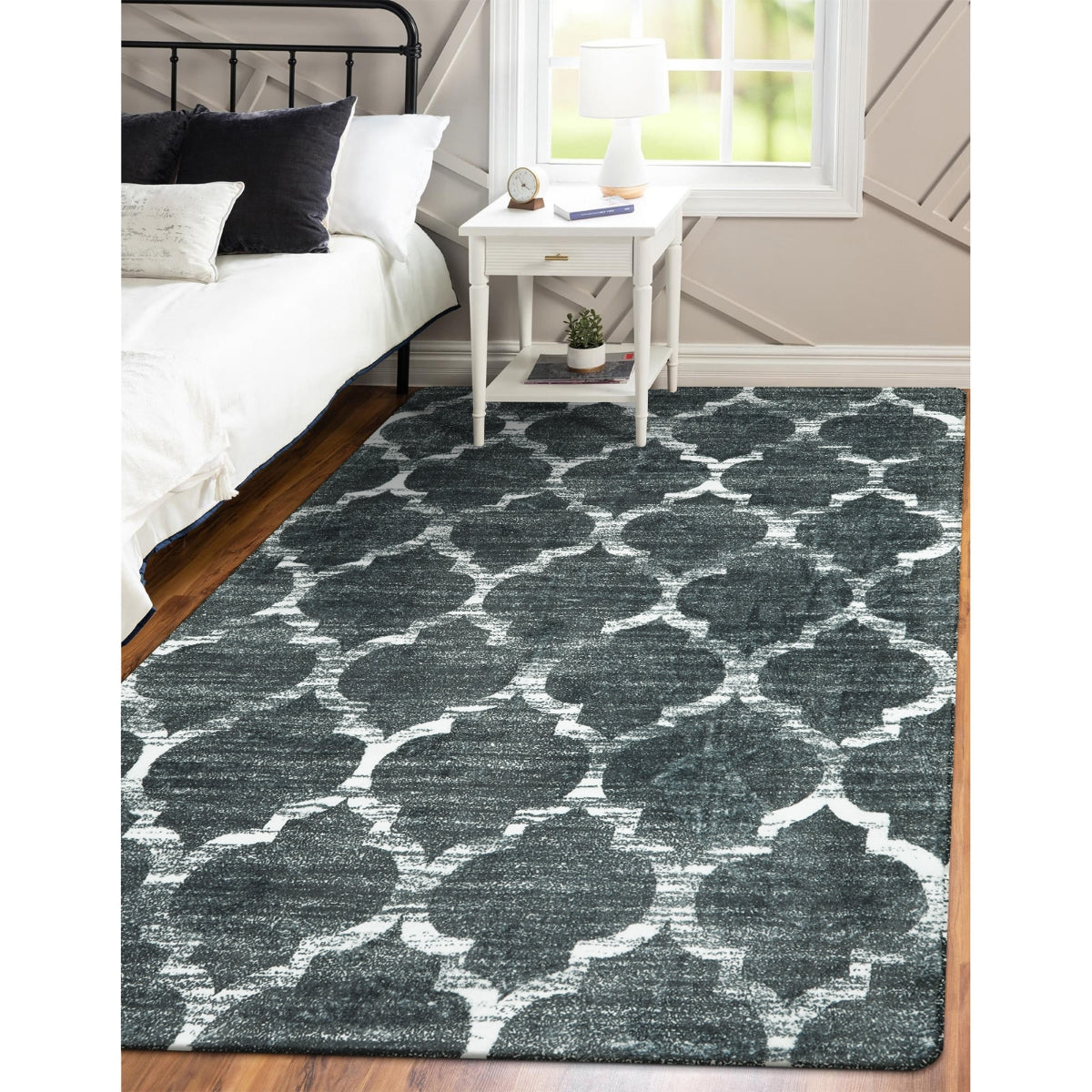 Clearance Meline Washable Classic Moroccan Trellis Dark Grey Rug Clearance Rugs Lahome