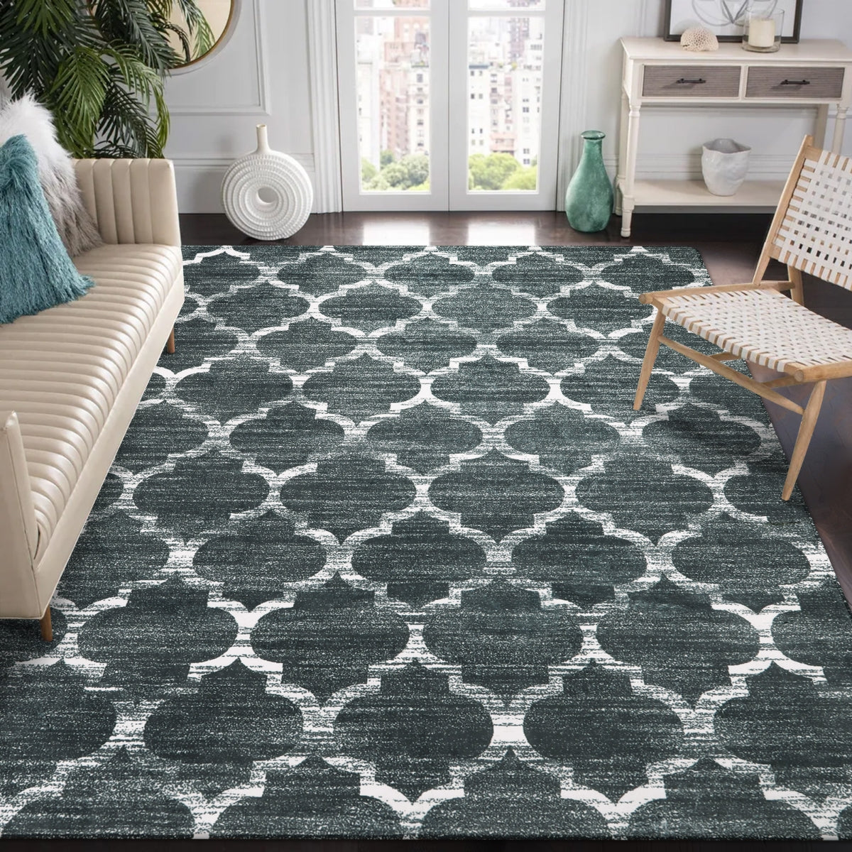 Clearance Meline Washable Classic Moroccan Trellis Dark Grey Rug Clearance Rugs Lahome