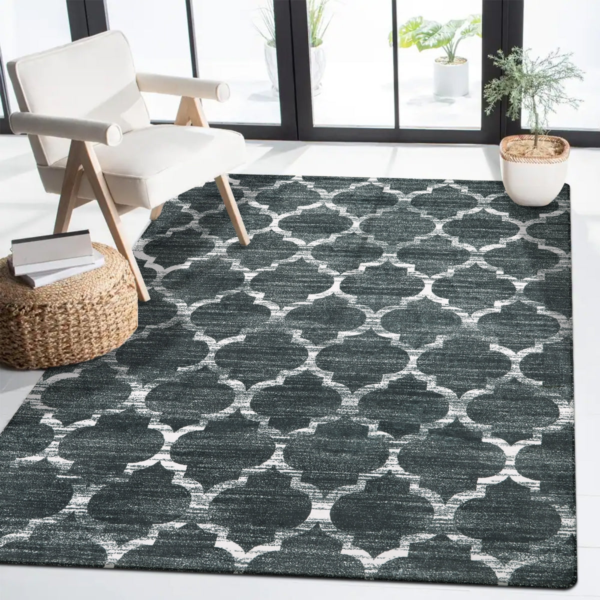 Clearance Meline Washable Classic Moroccan Trellis Dark Grey Rug Clearance Rugs Lahome