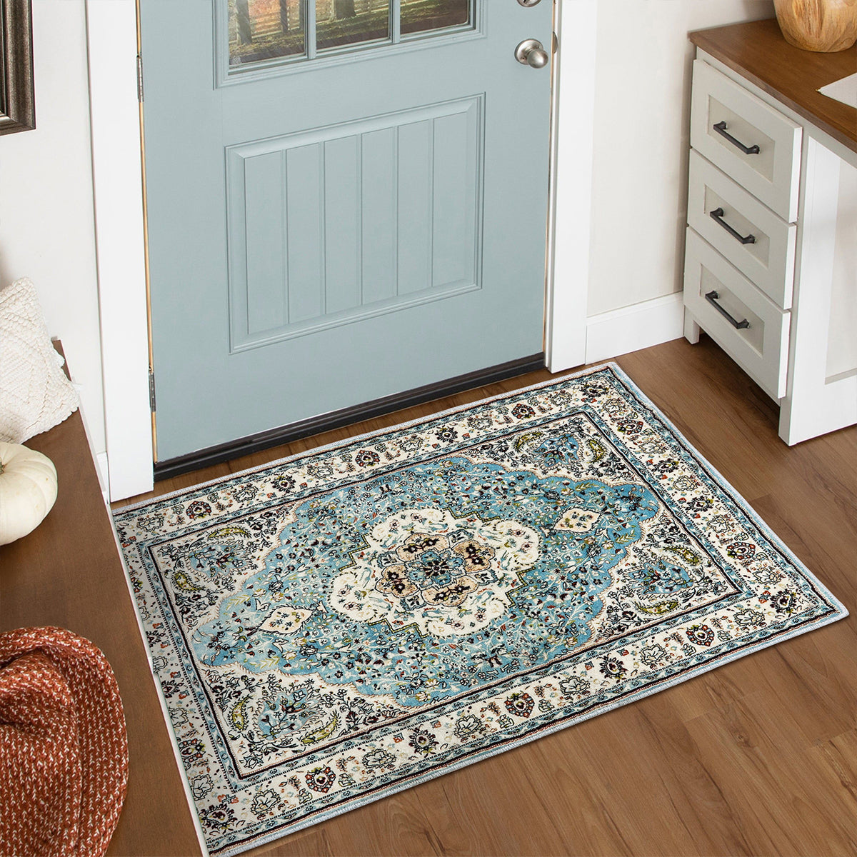 Agnes Washable Boho Floral Medallion Light Blue Rug Clearance Rugs Lahome 2' x 3'