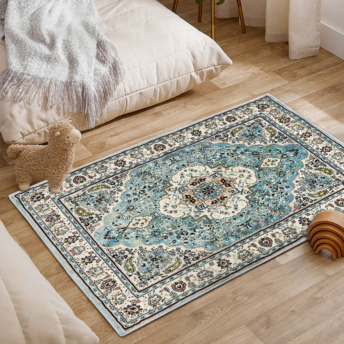 Agnes Washable Boho Floral Medallion Light Blue Rug Clearance Rugs Lahome
