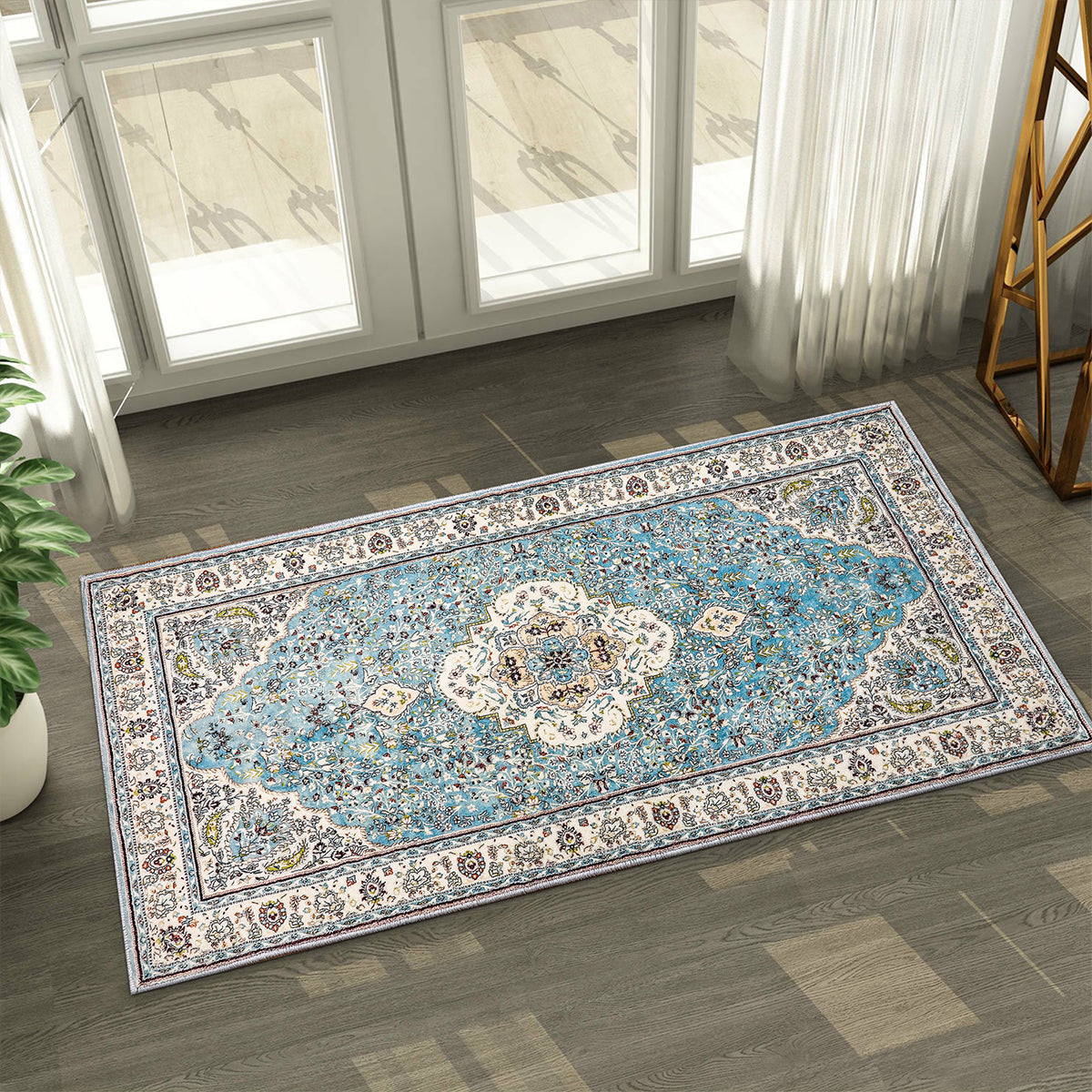 Agnes Washable Boho Floral Medallion Light Blue Rug Clearance Rugs Lahome