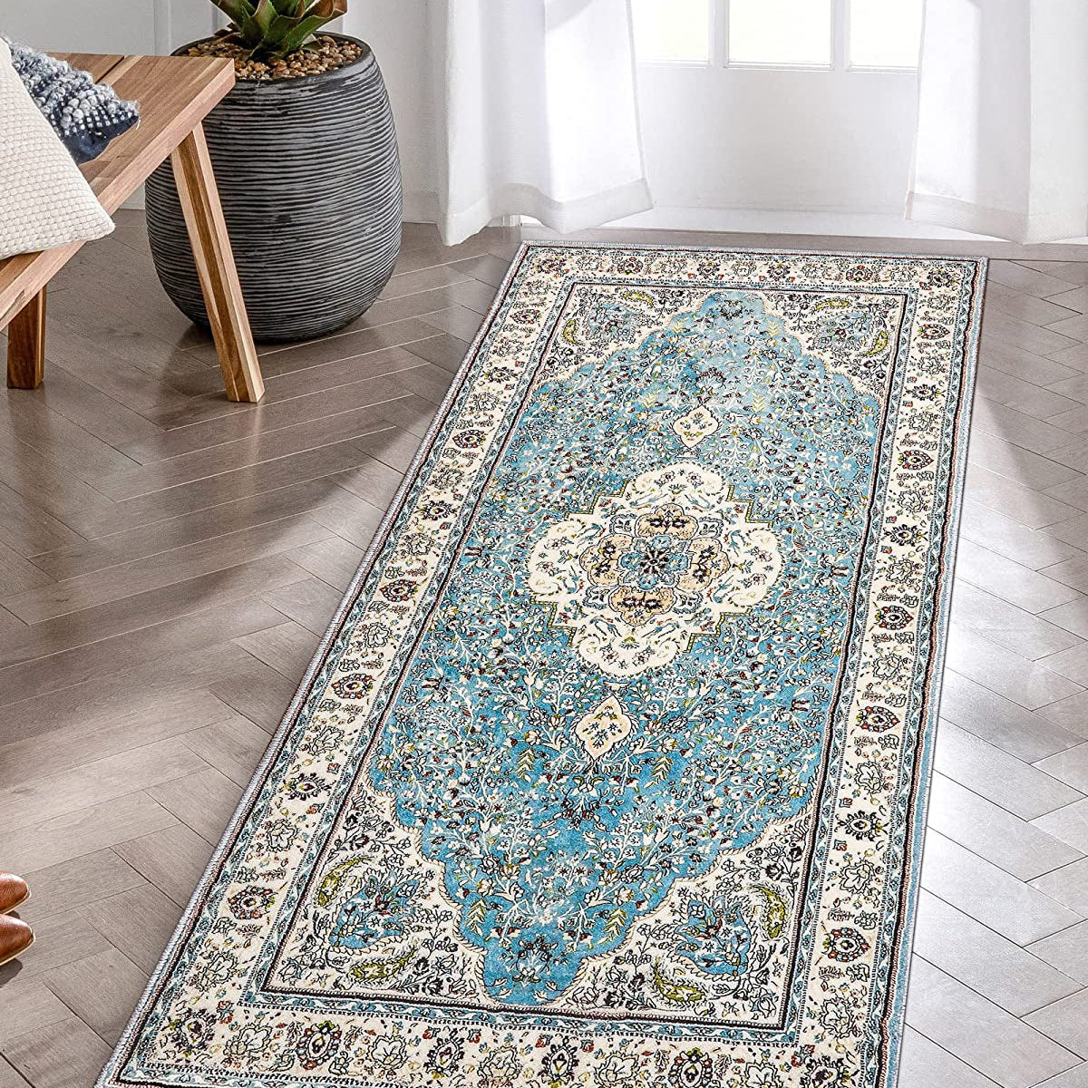 Agnes Washable Boho Floral Medallion Light Blue Rug Clearance Rugs Lahome