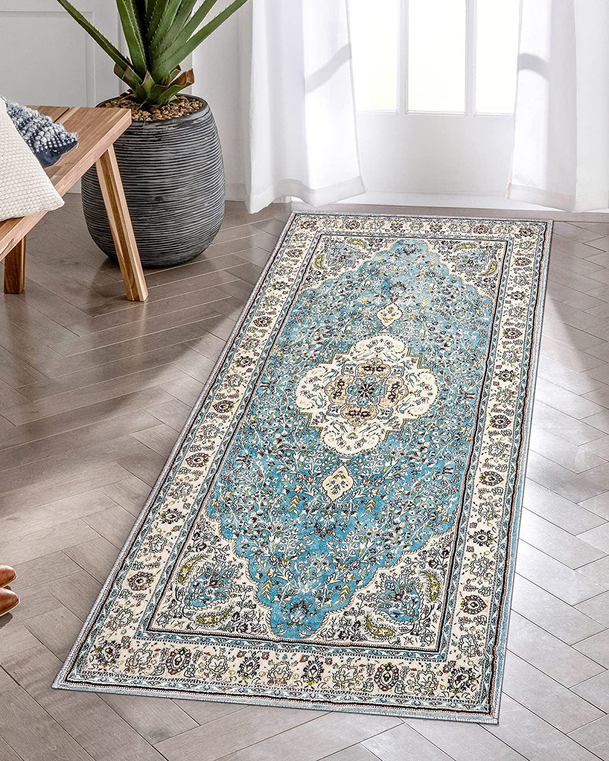 Agnes Washable Boho Floral Medallion Light Blue Rug Clearance Rugs Lahome