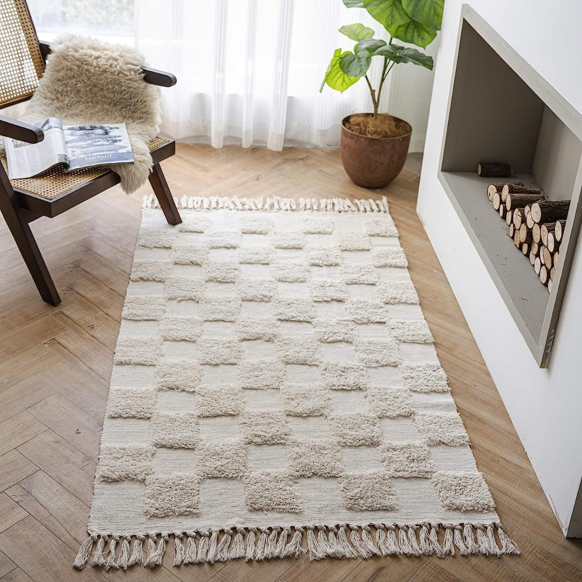 Boho Bathroom Rug 2' X 3' , Cotton Woven Washable Small Area Rugs with  Tassels