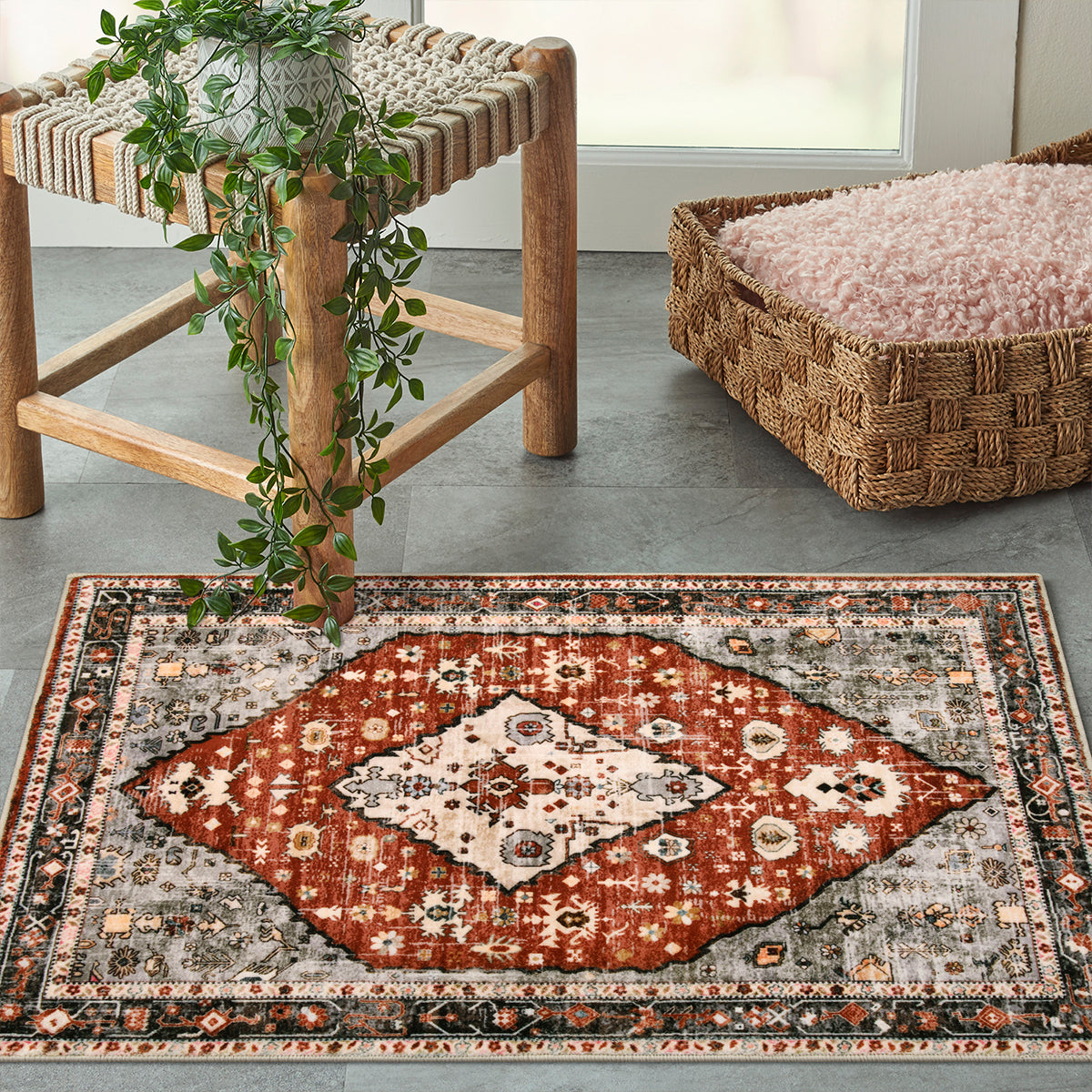 Felice Washable Boho Vintage Tribal Dark Orange Rug Clearance Rugs Lahome
