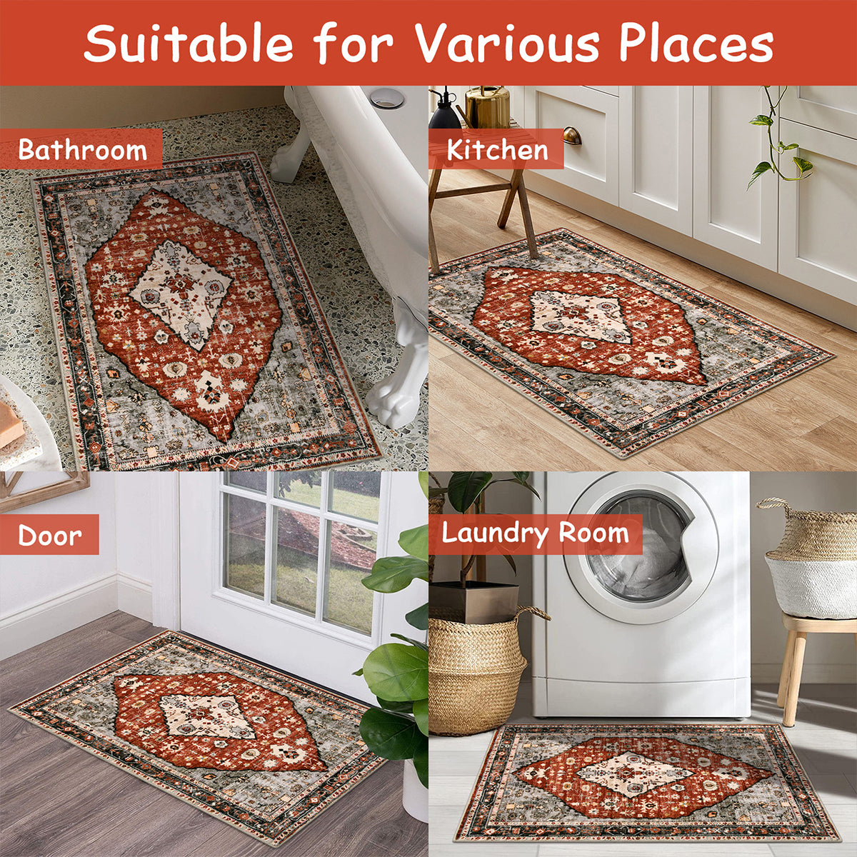 Felice Washable Boho Vintage Tribal Dark Orange Rug Clearance Rugs Lahome