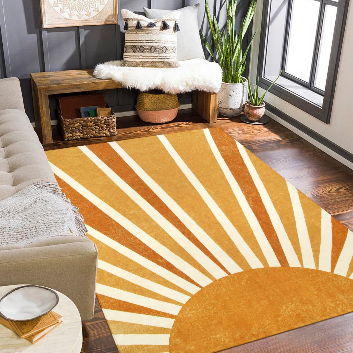 Elora Washable Boho Rainbow Sunshine Orange Round Rug Area Rugs Lahome