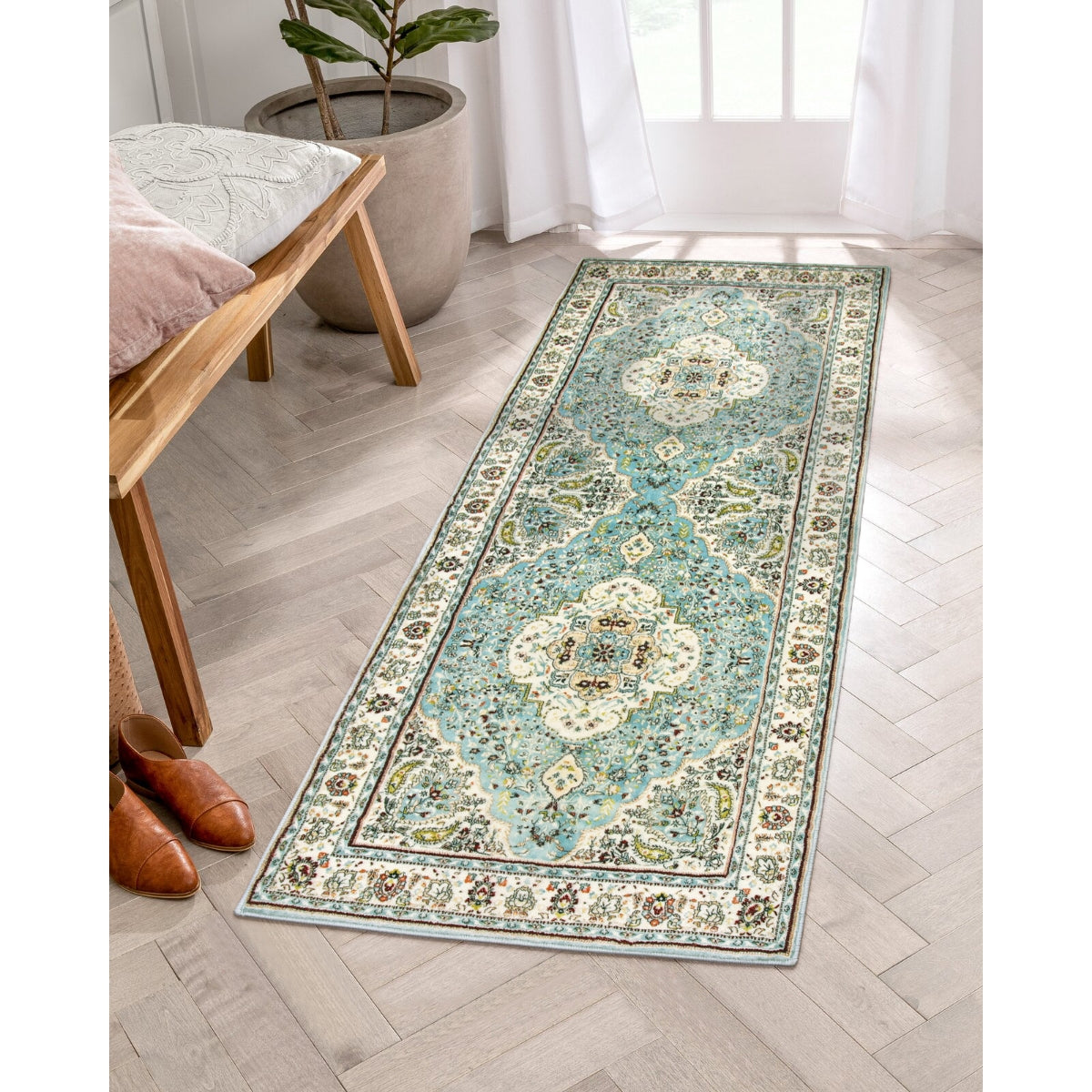 Agnes Washable Boho Floral Medallion Light Blue Rug Clearance Rugs Lahome