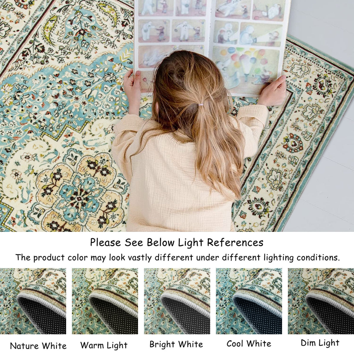 Agnes Washable Boho Floral Medallion Light Blue Rug Clearance Rugs Lahome