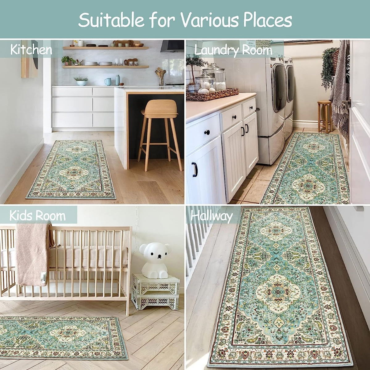 Agnes Washable Boho Floral Medallion Light Blue Rug Clearance Rugs Lahome