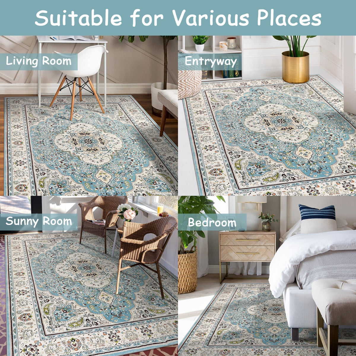 Agnes Washable Boho Floral Medallion Light Blue Rug Clearance Rugs Lahome