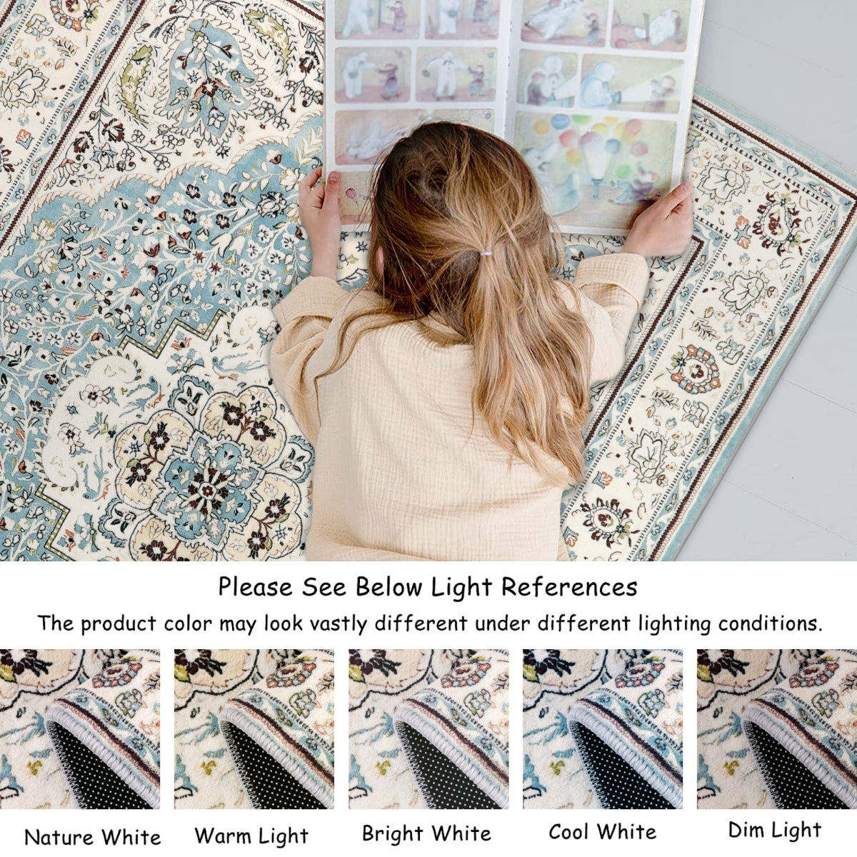 Agnes Washable Boho Floral Medallion Light Blue Rug Clearance Rugs Lahome