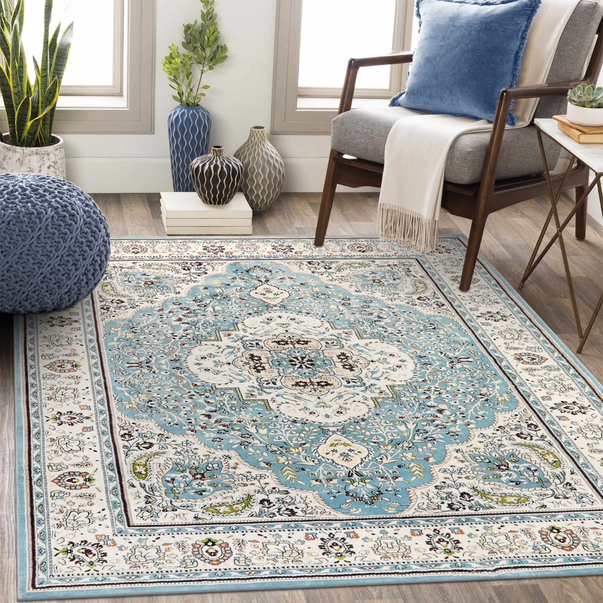 Agnes Washable Boho Floral Medallion Light Blue Rug Clearance Rugs Lahome