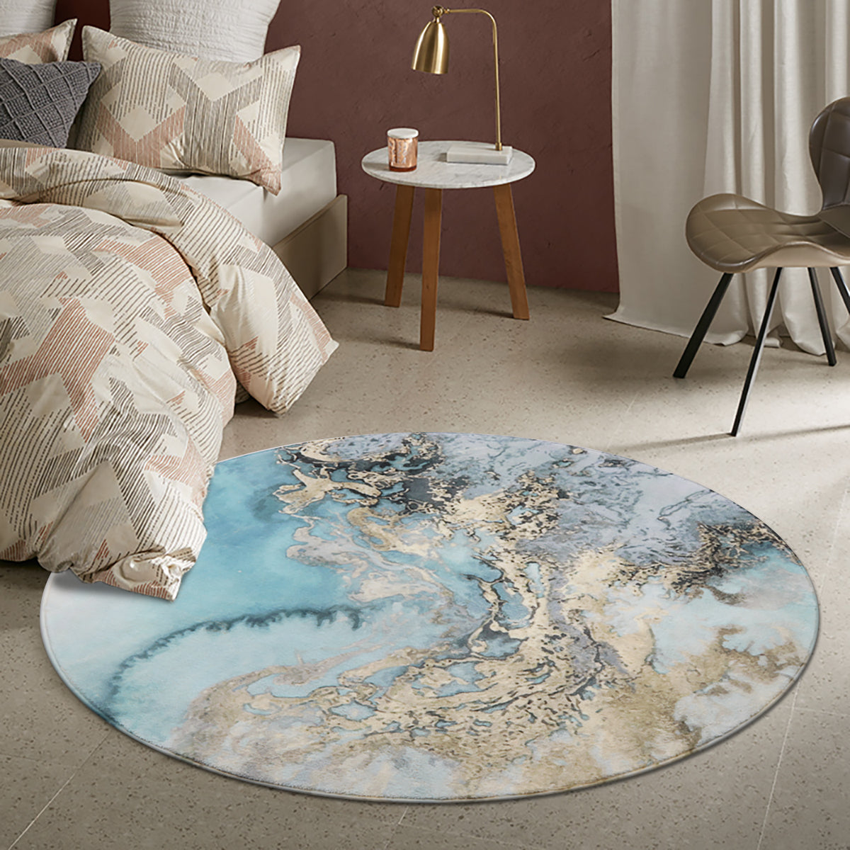 Deniz Washable Marble Ocean Wave Rug Area Rugs Lahome Blue/Gold/Grey 4' Round