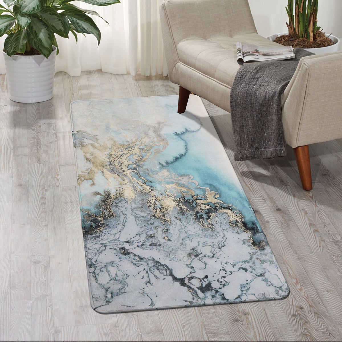 Deniz Washable Marble Ocean Wave Rug Area Rugs Lahome Blue/Gold/Grey 2' x 4'