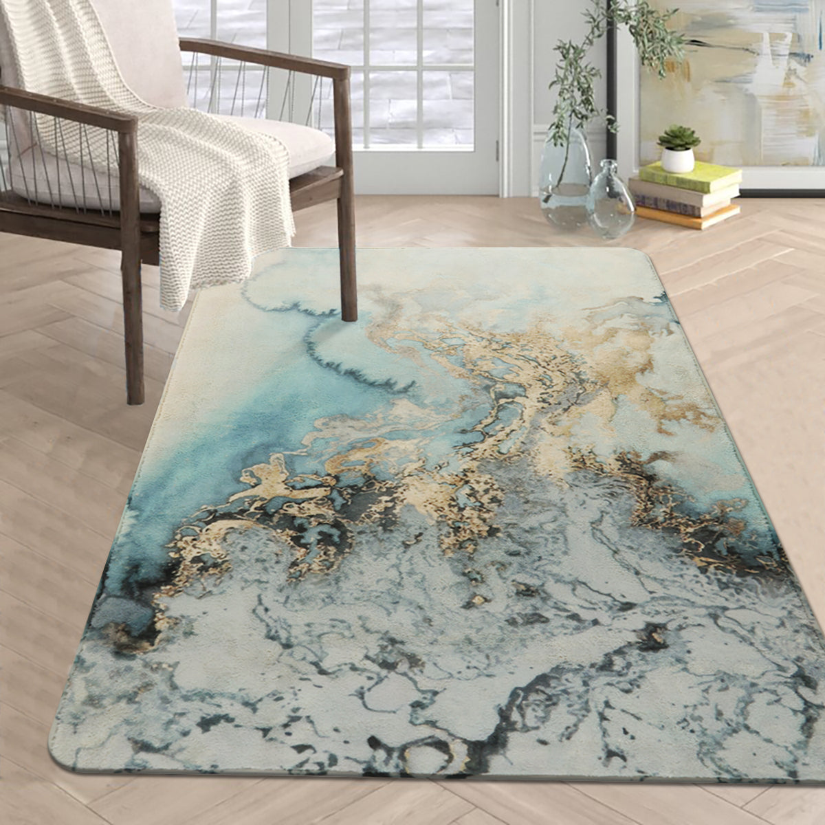 Deniz Washable Marble Ocean Wave Rug Area Rugs Lahome Blue/Gold/Grey 3' x 5'
