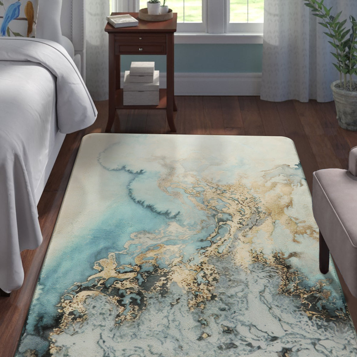 Deniz Washable Marble Ocean Wave Rug Area Rugs Lahome Blue/Gold/Grey 4' x 6'