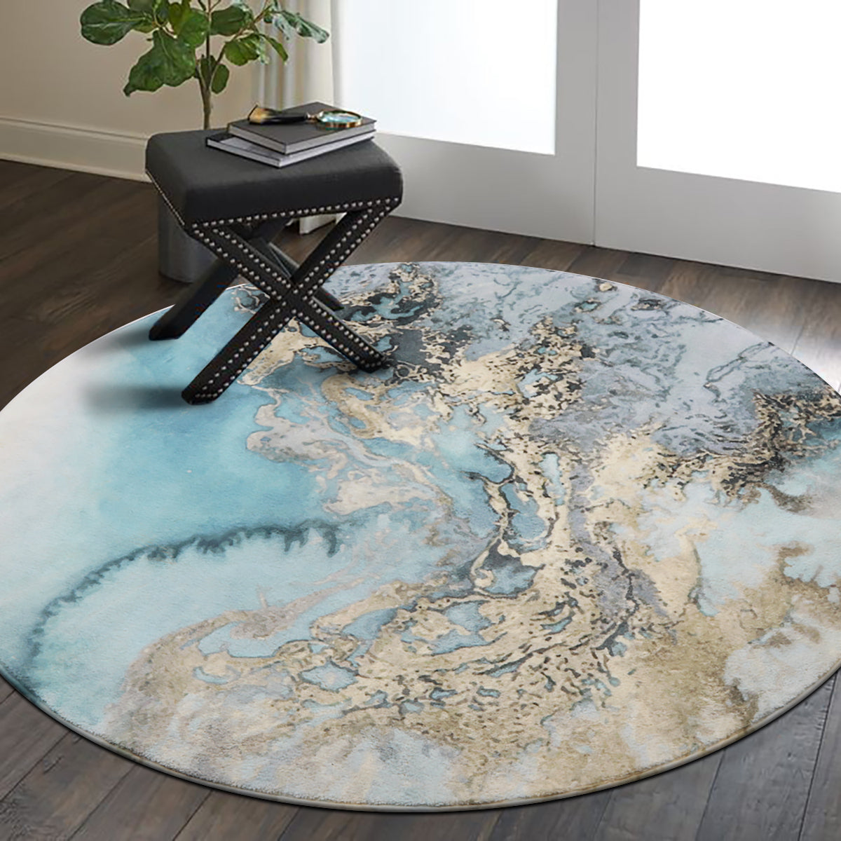 Deniz Washable Marble Ocean Wave Rug Area Rugs Lahome Blue/Gold/Grey 3' Round