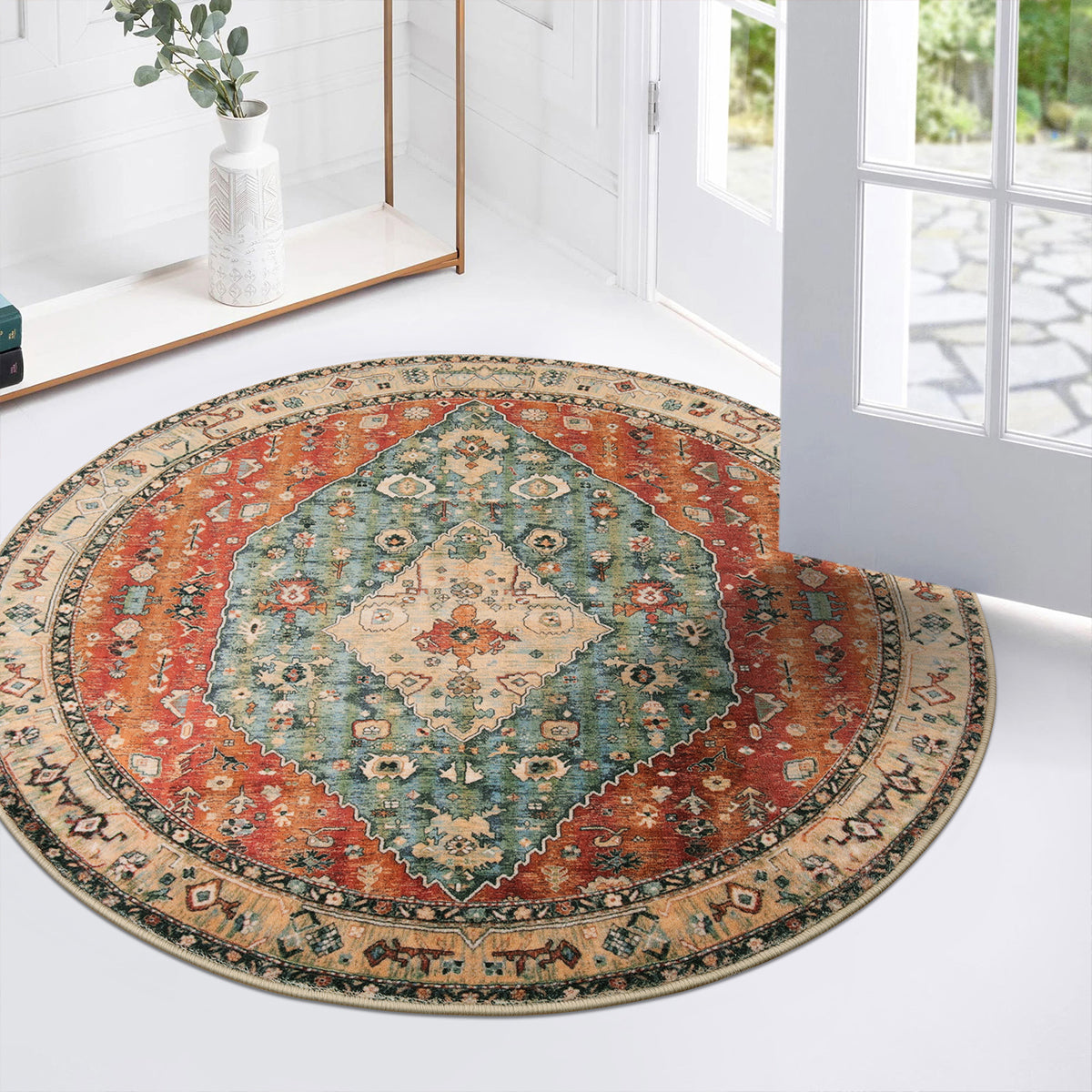 Felice Boho Tribal Rust Red Washable Rug Area Rugs Lahome 3' Round