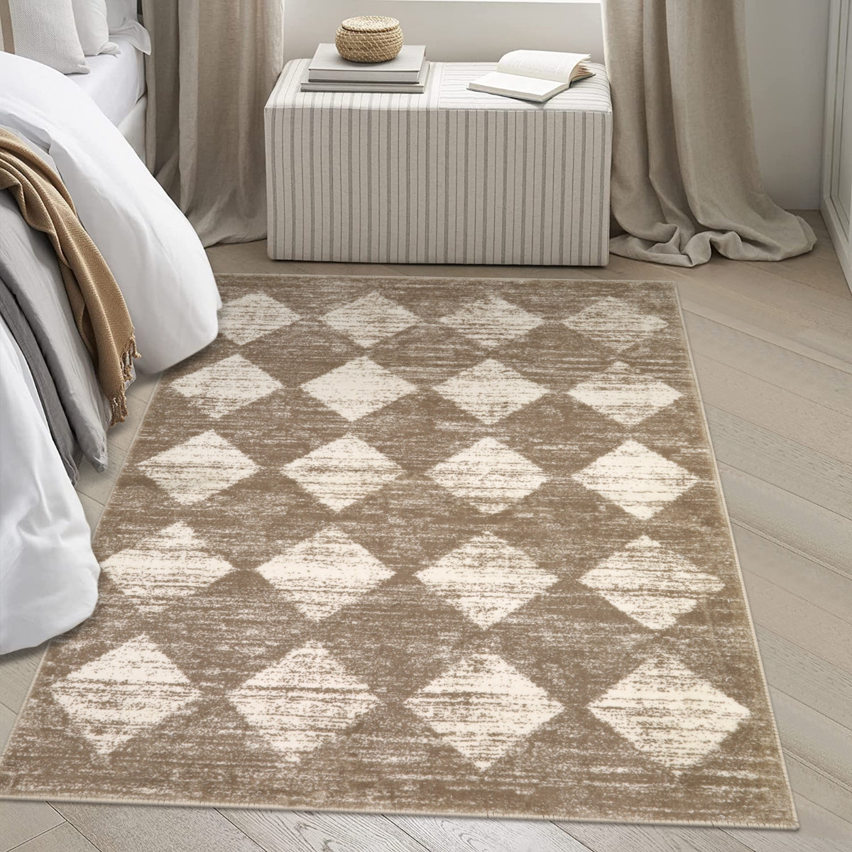 Zelie Washable Modern Geometric Diamond Checkered Beige Rug Clearance Rugs Lahome