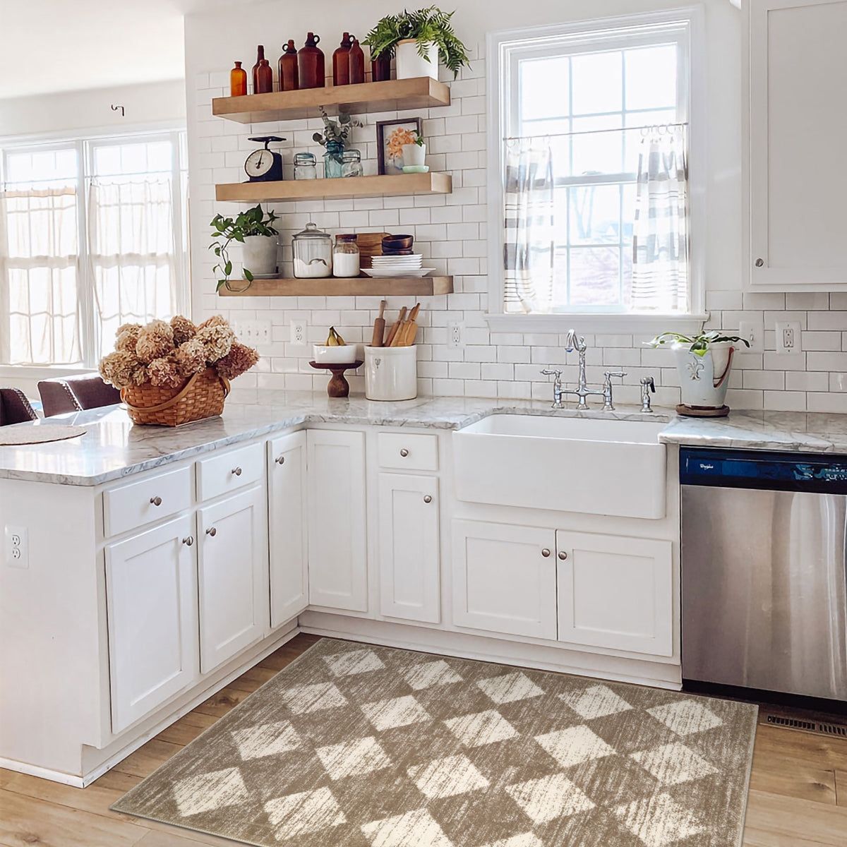 Zelie Washable Modern Geometric Diamond Checkered Beige Rug Clearance Rugs Lahome
