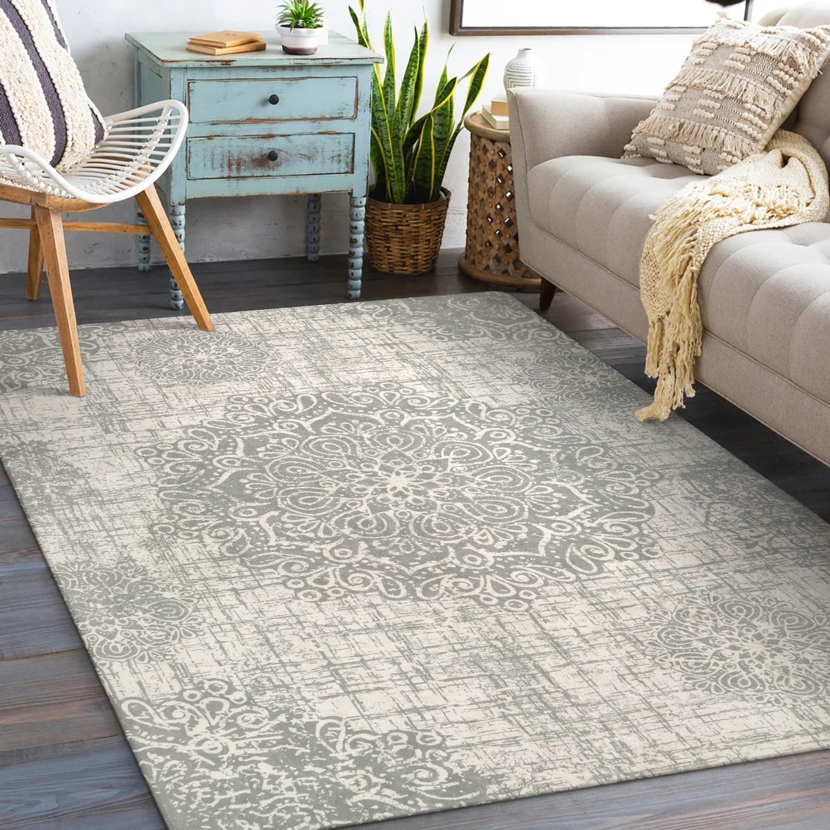 Oriane Washable Vintage Medallion Rug Area Rugs Lahome Light Grey/Pearl 5' x 7'