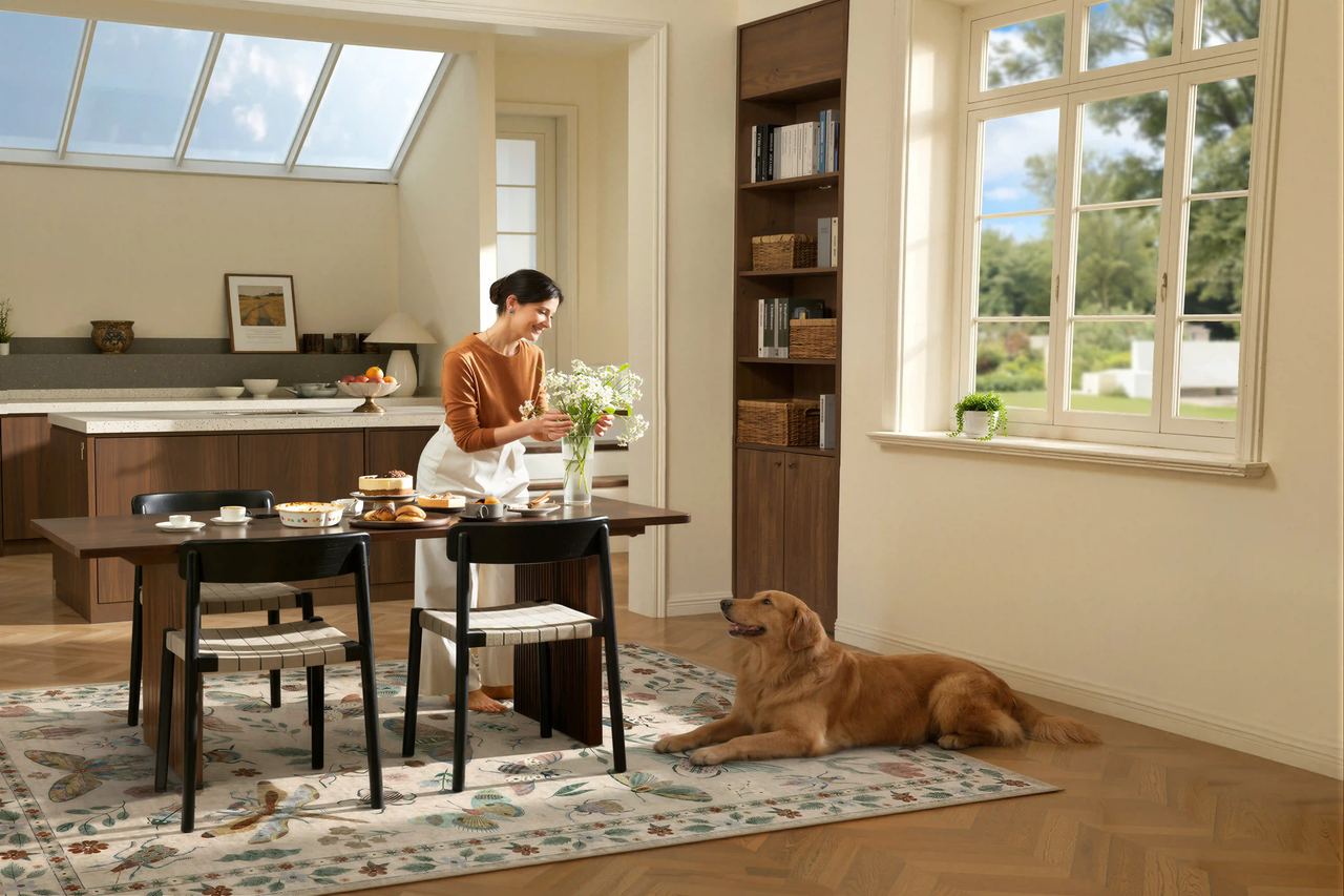 Cozy dining space with a stylish dining Room Rug, modern table, and natural light. 