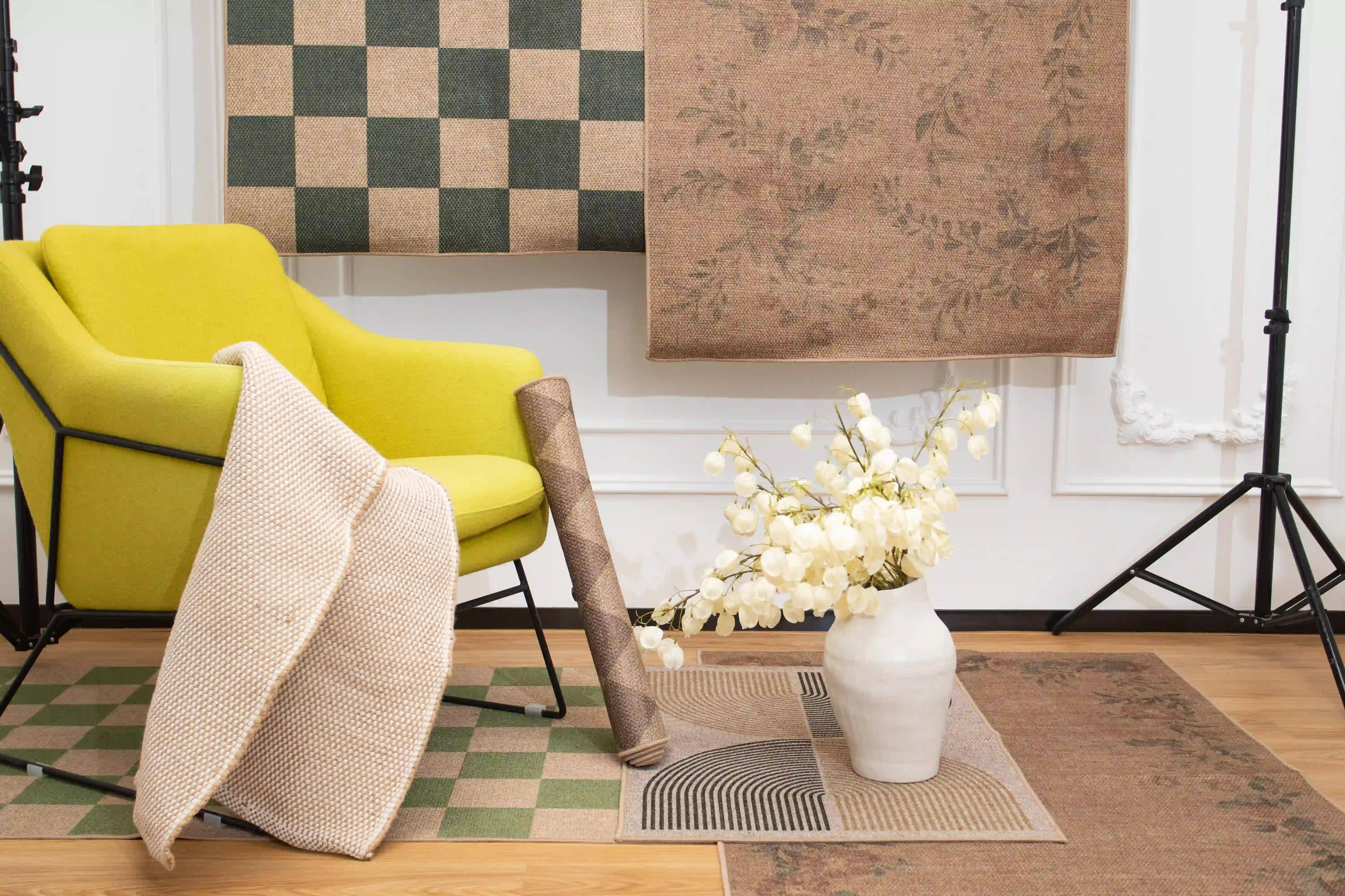 Stylish rugs and textiles arranged in a cozy room setting