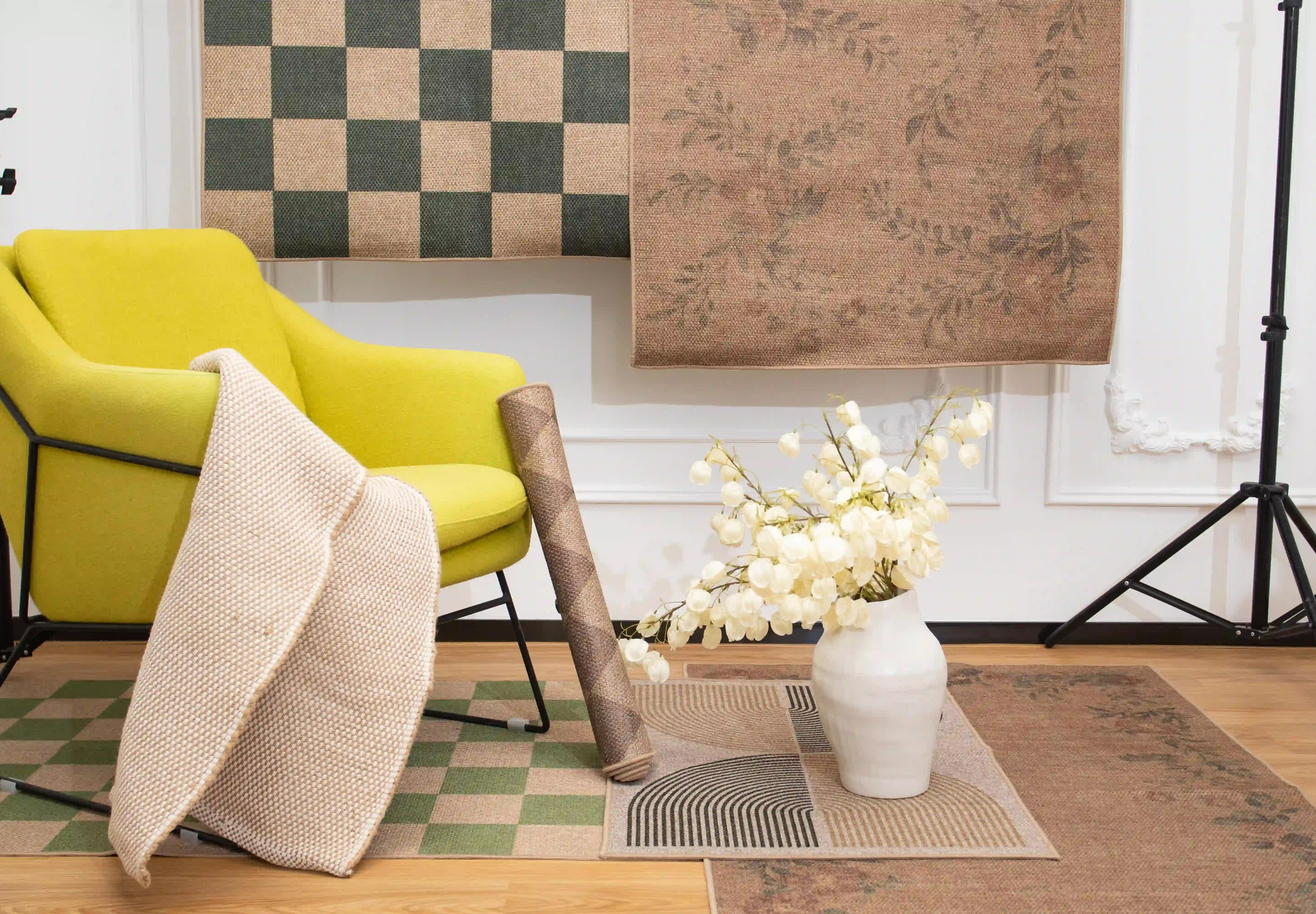 Stylish rugs and textiles arranged in a cozy room setting