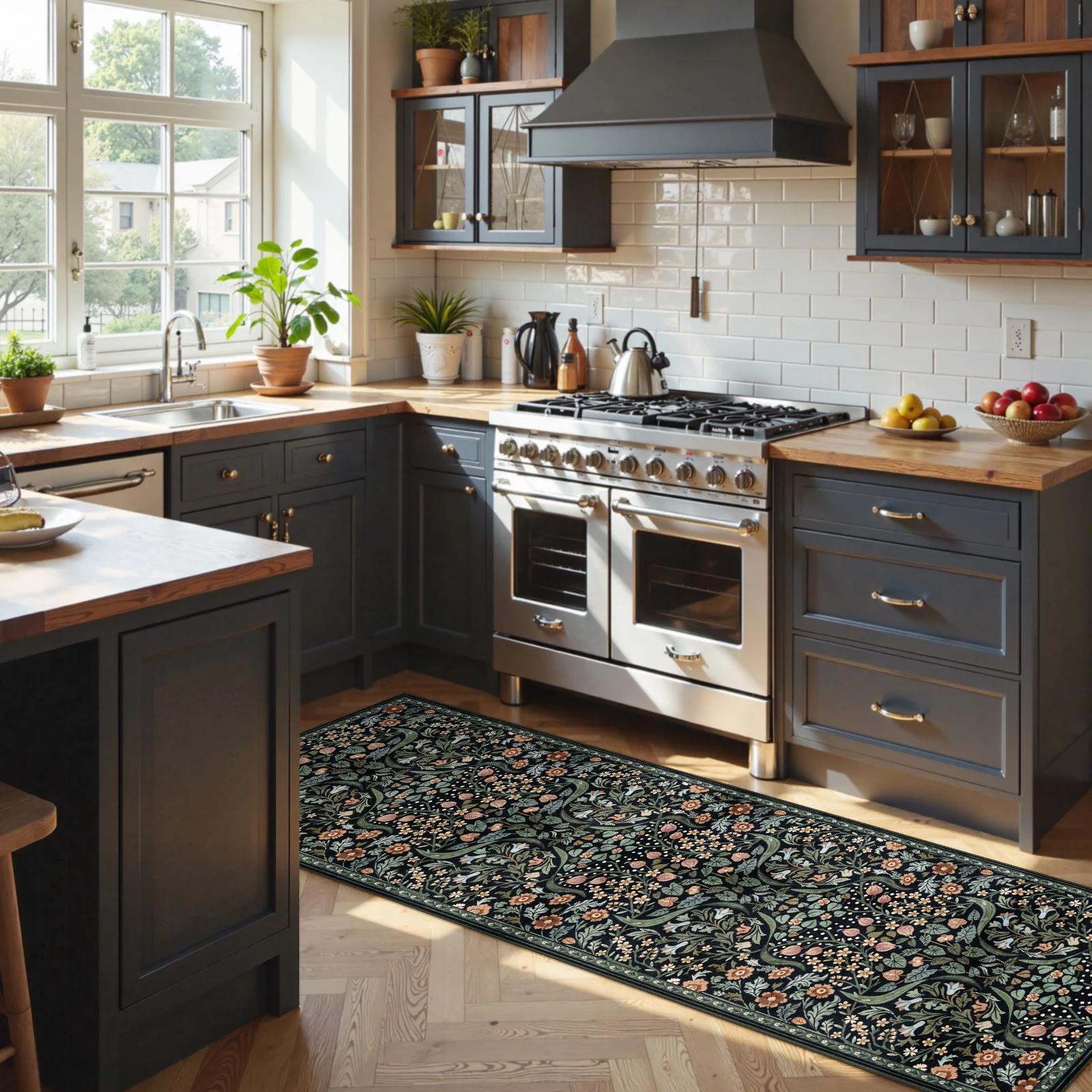 Floral kitchen runner rug on herringbone wood floor