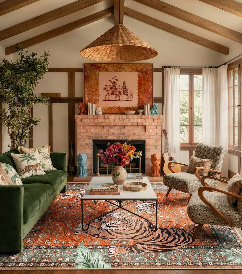 Bold tiger print rug as a focal point in a living room with green sofa and jungle-themed pillows