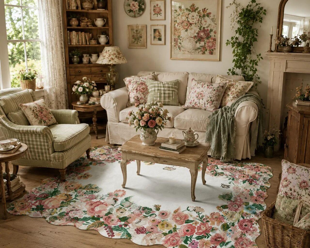 Floral rug with colorful blooms adding warmth and pattern to a living room