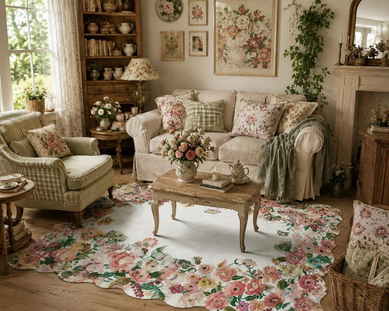 Floral rug with colorful blooms adding warmth and pattern to a living room