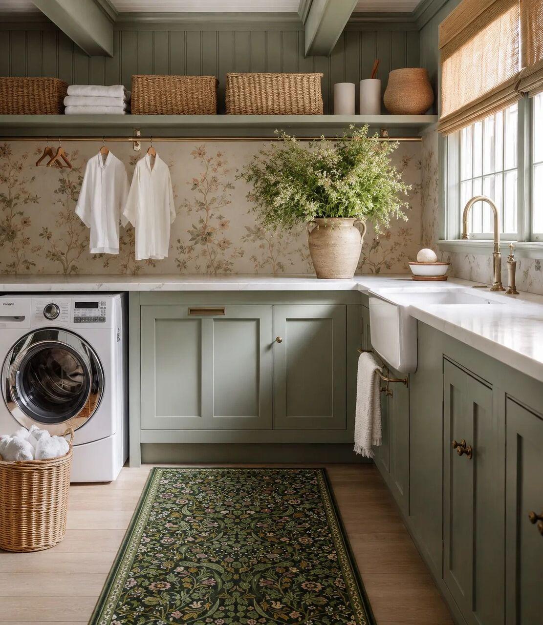 Laundry room with a stylish washable rug beside washer and dryer
