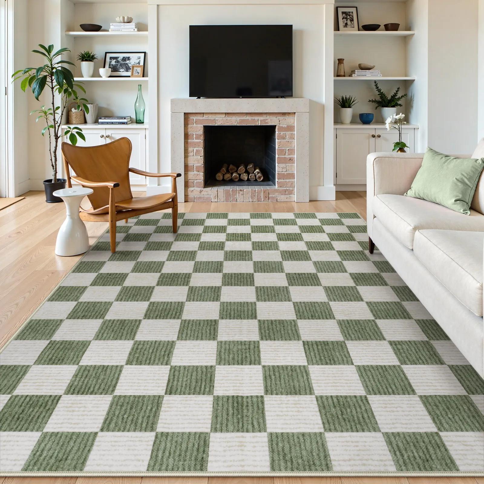 Echec washable modern checkerboard olive green rug